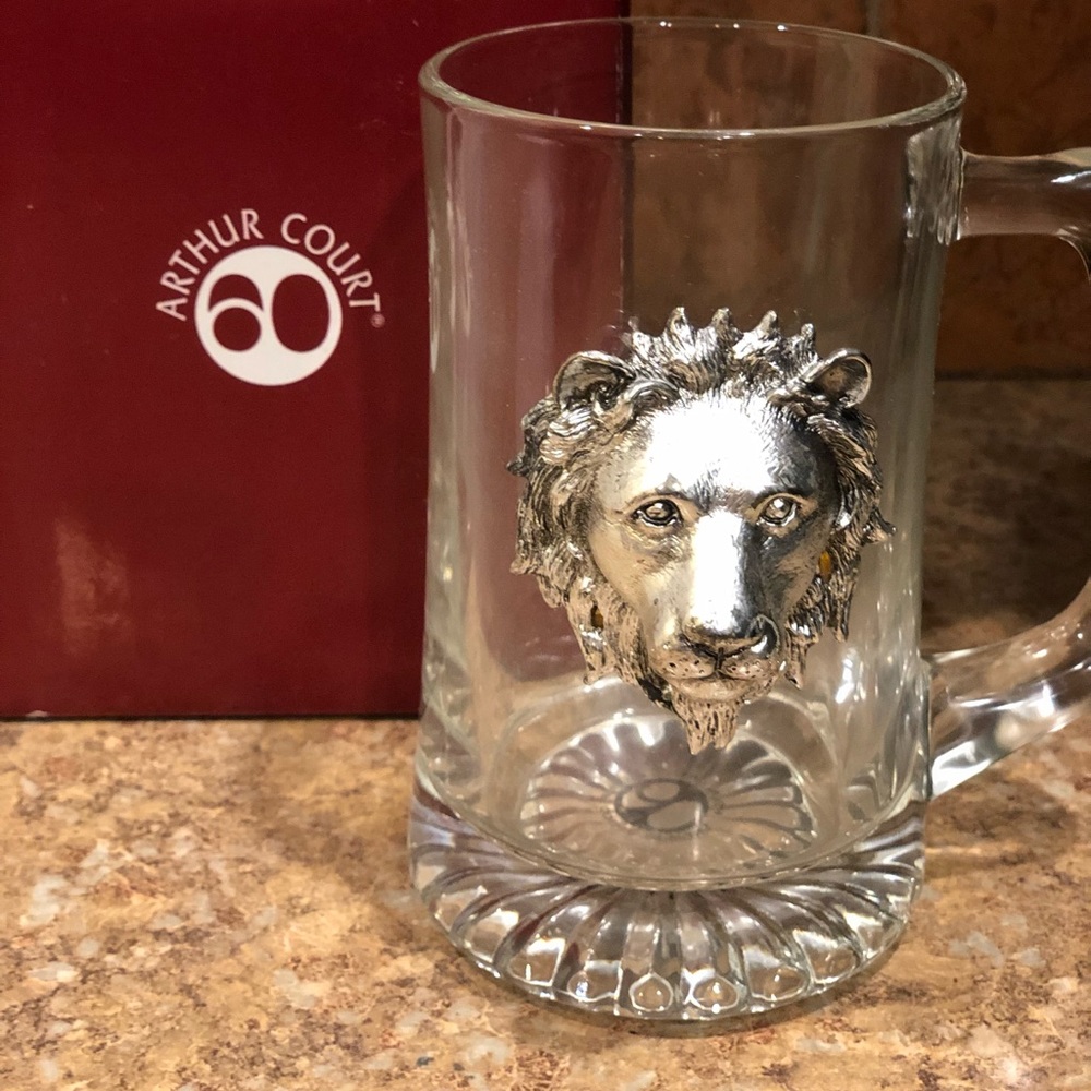 Arthur Court Vtg. 1987 Unique Aluminum/Silver Sculpted Lion Mug In Original Box